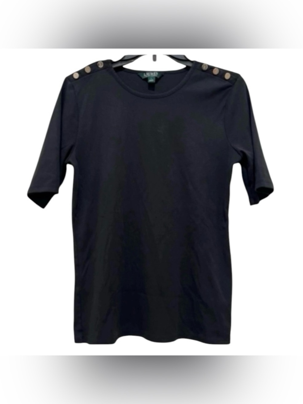 Lauren Ralph Lauren Large short sleeve black top with button design on shoulders